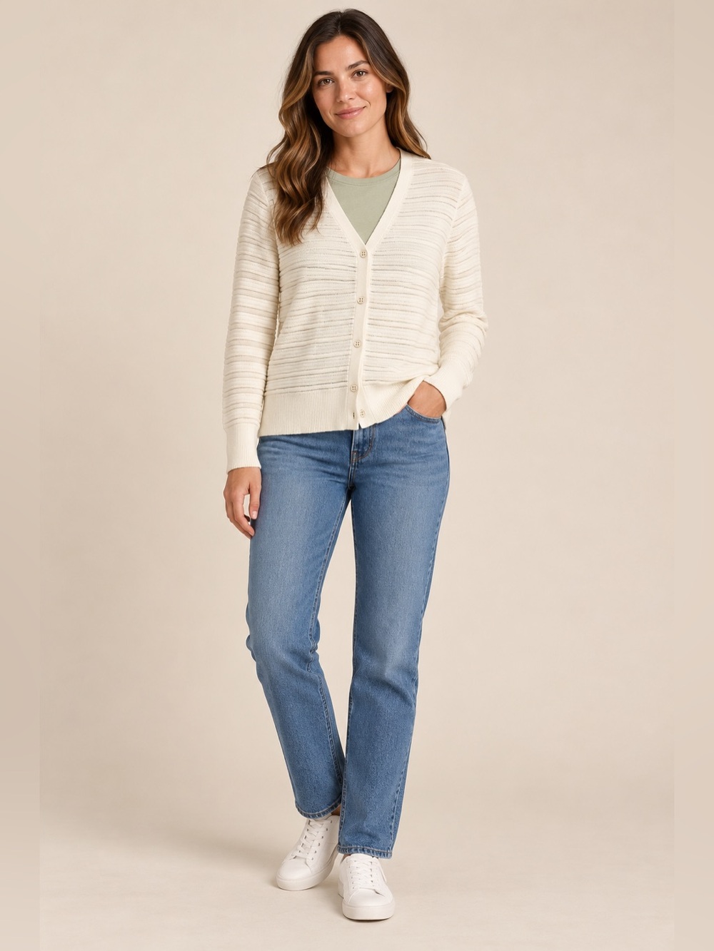 Lands’ End Supima Cotton Cardigan Women’s Large Ivory Textured Knit